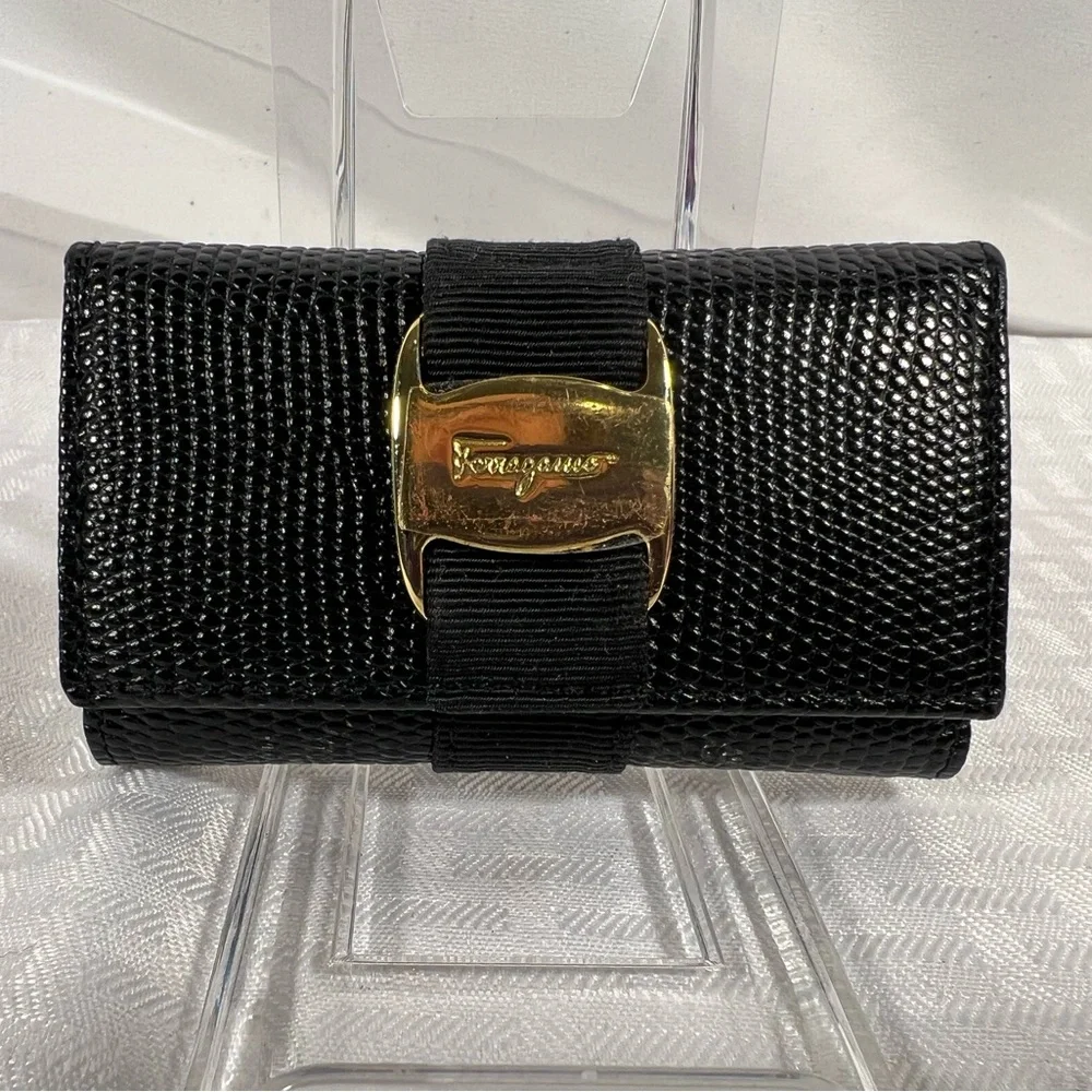 Salvatore Ferragamo Vara Black Lizard Embossed Leather Key Case